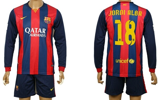 2014/15 FC Bacelona #18 Jordi Alba Home Soccer Long Sleeve Shirt Kit
