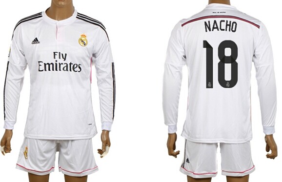 2014/15 Real Madrid #18 Nacho Home Soccer Long Sleeve Shirt Kit