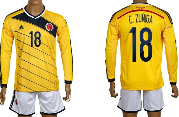 2014 World Cup Columbia #18 C.Zuniga Home Soccer Long Sleeve Shirt Kit