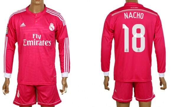 2014/15 Real Madrid #18 Nacho Away Pink Soccer Long Sleeve Shirt Kit