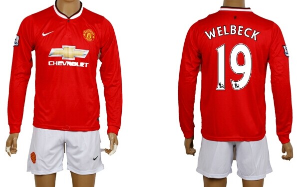 2014/15 Manchester United #19 Welbeck Home Soccer Long Sleeve Shirt Kit