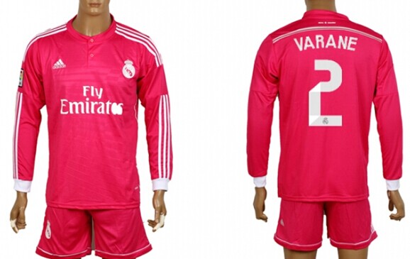 2014/15 Real Madrid #2 Varane Away Pink Soccer Long Sleeve Shirt Kit