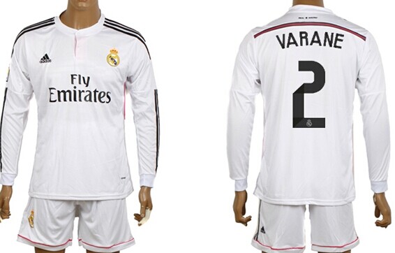 2014/15 Real Madrid #2 Varane Home Soccer Long Sleeve Shirt Kit