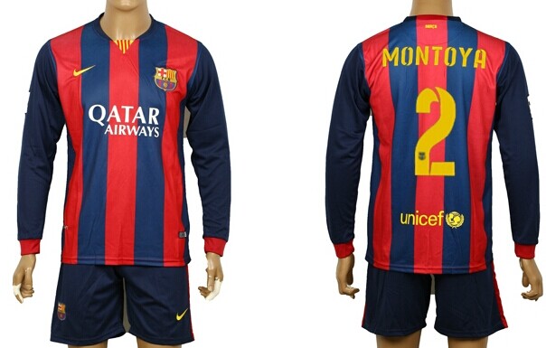 2014/15 FC Bacelona #2 Montoya Home Soccer Long Sleeve Shirt Kit