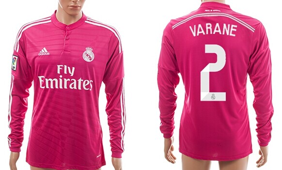 2014/15 Real Madrid #2 Varane Away Pink Soccer Long Sleeve AAA+ T-Shirt