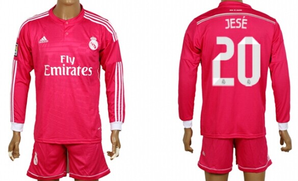 2014/15 Real Madrid #20 Jese Away Pink Soccer Long Sleeve Shirt Kit