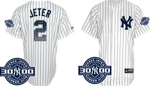 New York Yankees #2 Derek Jeter White 3000 Hits Patch Special Edition Jersey