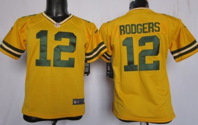 Nike Green Bay Packers #12 Aaron Rodgers Yellow Game Kids Jersey