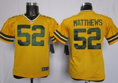 Nike Green Bay Packers #52 Clay Matthews Yellow Game Kids Jersey