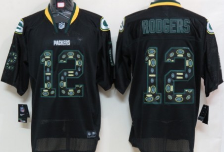 Nike Green Bay Packers #12 Aaron Rodgers Lights Out Black Ornamented Elite Jersey