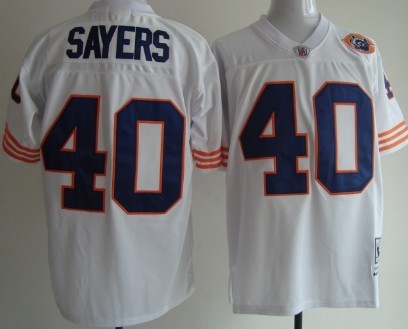 Chicago Bears #40 Gale Sayers White Throwback With Bear Patch Jersey