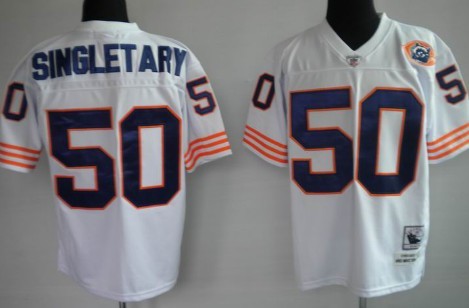 Chicago Bears #50 Mike Singletary White Throwback With Bear Patch Jersey
