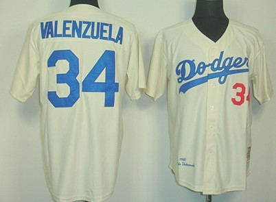 Los Angeles Dodgers #34 Fernando Valenzuela Cream Throwback Jersey
