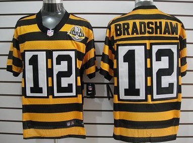 Nike Pittsburgh Steelers #12 Terry Bradshaw Yellow With Black Throwback 80TH Jersey