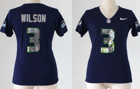 Nike Seattle Seahawks #3 Russell Wilson Handwork Sequin Lettering Fashion Blue Womens Jersey