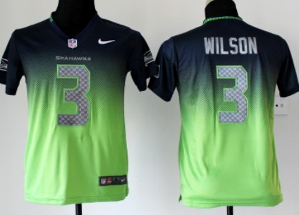 Nike Seattle Seahawks #3 Russell Wilson Navy Blue/Green Fadeaway Kids Jersey