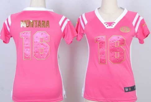 Nike San Francisco 49ers #16 Joe Montana Drilling Sequins Pink Womens Jersey