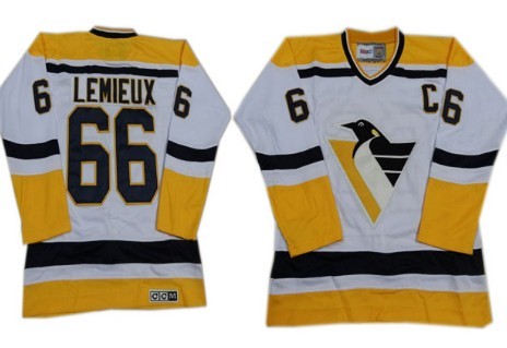 Pittsburgh Penguins #66 Mario Lemieux 1993 White With Yellow Throwback CCM Jersey