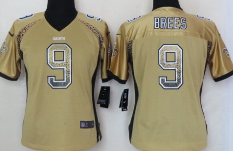 Nike New Orleans Saints #9 Drew Brees 2013 Drift Fashion Gold Womens Jersey