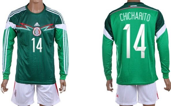 2014 World Cup Mexico #14 Chicharito Home Soccer Long Sleeve Shirt Kit