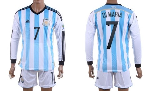 2014 World Cup Argentina #7 Di Maria Home Soccer Long Sleeve Shirt Kit
