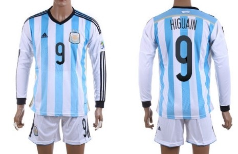 2014 World Cup Argentina #9 Higuain Home Soccer Long Sleeve Shirt Kit
