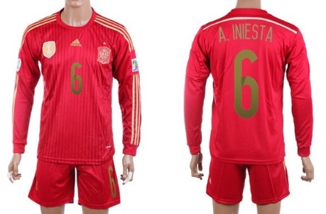 2014 World Cup Spain #6 A.Iniesta Home Soccer Long Sleeve Shirt Kit