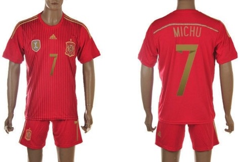 2014 World Cup Spain #7 Michu Home Soccer Long Sleeve Shirt Kit