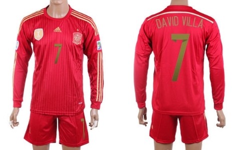 2014 World Cup Spain #7 David Villa Home Soccer Long Sleeve Shirt Kit
