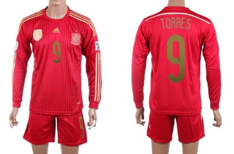 2014 World Cup Spain #9 Torres Home Soccer Long Sleeve Shirt Kit