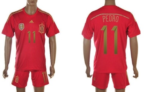 2014 World Cup Spain #11 Pedro Home Soccer Long Sleeve Shirt Kit