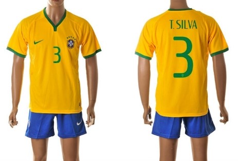 2014 World Cup Brazil #3 T.Silva Home Soccer Shirt Kit