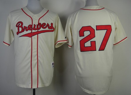 Milwaukee Brewers #27 Carlos Gomez 1948 Cream With Red Jersey