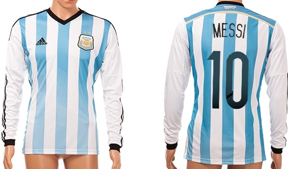 2014 World Cup Argentina #10 Messi Home Soccer Long Sleeve AAA+ T-Shirt