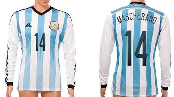 2014 World Cup Argentina #14 Mascherano Home Soccer Long Sleeve AAA+ T-Shirt