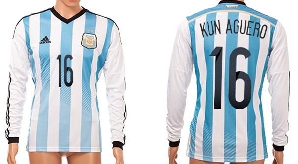 2014 World Cup Argentina #16 Kun Aguero Home Soccer Long Sleeve AAA+ T-Shirt