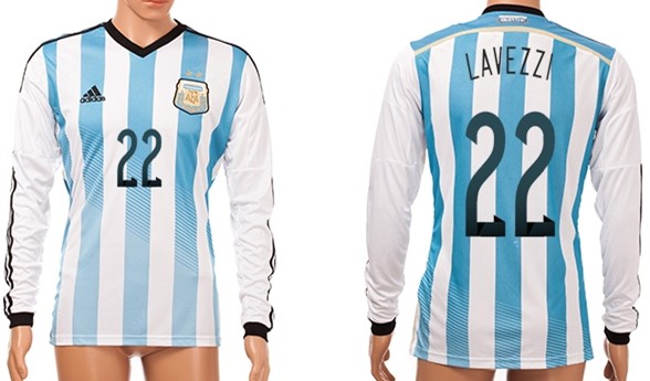 2014 World Cup Argentina #22 Lavezzi Home Soccer Long Sleeve AAA+ T-Shirt