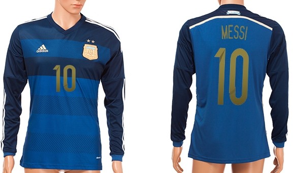 2014 World Cup Argentina #10 Messi Away Soccer Long Sleeve AAA+ T-Shirt