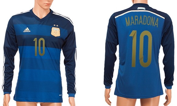 2014 World Cup Argentina #10 Maradona Away Soccer Long Sleeve AAA+ T-Shirt