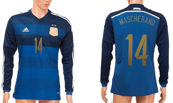 2014 World Cup Argentina #14 Mascherano Away Soccer Long Sleeve AAA+ T-Shirt