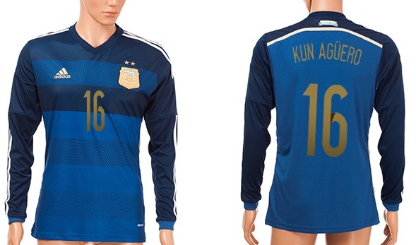 2014 World Cup Argentina #16 Kun Aguero Away Soccer Long Sleeve AAA+ T-Shirt