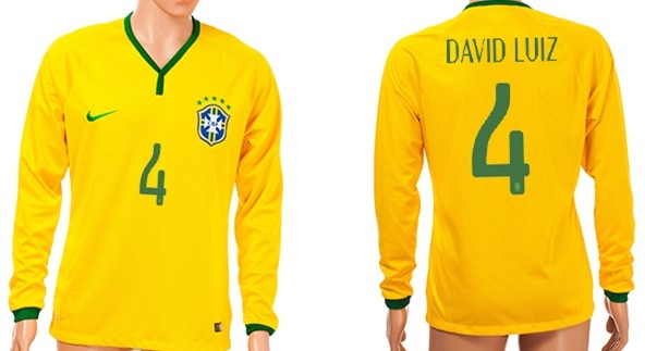 2014 World Cup Brazil #4 David Luiz Home Soccer Long Sleeve AAA+ T-Shirt