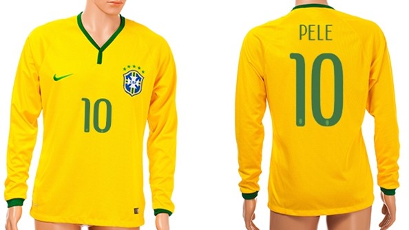 2014 World Cup Brazil #10 Pele Home Soccer Long Sleeve AAA+ T-Shirt