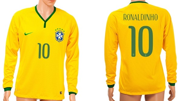 2014 World Cup Brazil #10 Ronaldinho Home Soccer Long Sleeve AAA+ T-Shirt
