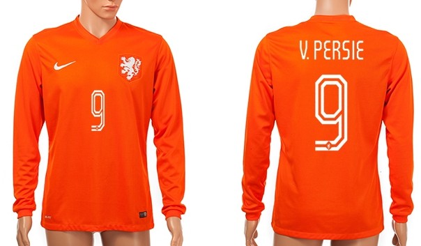 2014 World Cup Holland #9 v.Persie Home Soccer Long Sleeve AAA+ T-Shirt