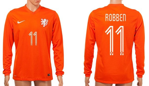 2014 World Cup Holland #11 Robben Home Soccer Long Sleeve AAA+ T-Shirt