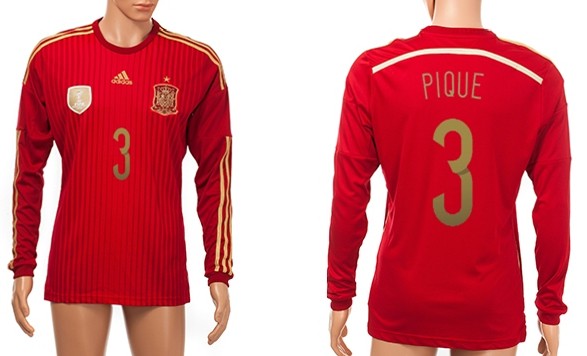 2014 World Cup Spain #3 Pique Home Soccer Long Sleeve AAA+ T-Shirt