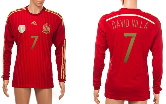 2014 World Cup Spain #7 David Villa Home Soccer Long Sleeve AAA+ T-Shirt