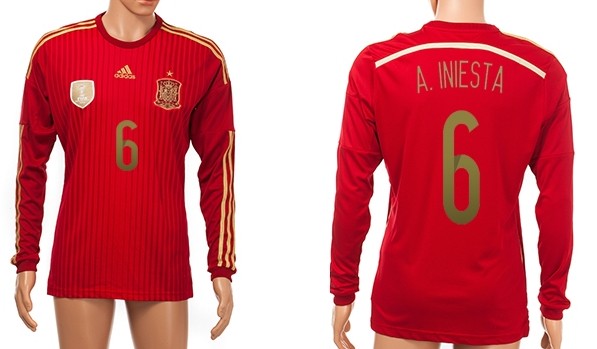2014 World Cup Spain #6 A.Iniesta Home Soccer Long Sleeve AAA+ T-Shirt