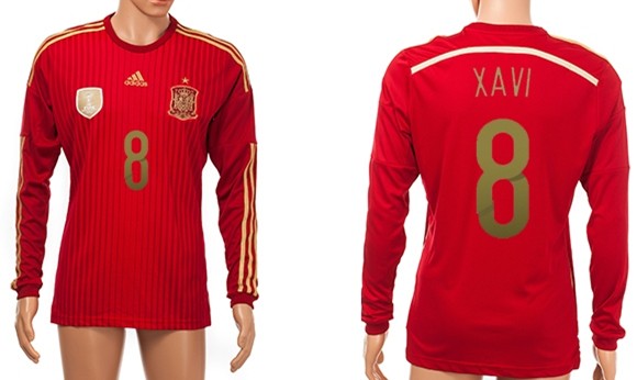 2014 World Cup Spain #8 Xavi Home Soccer Long Sleeve AAA+ T-Shirt
